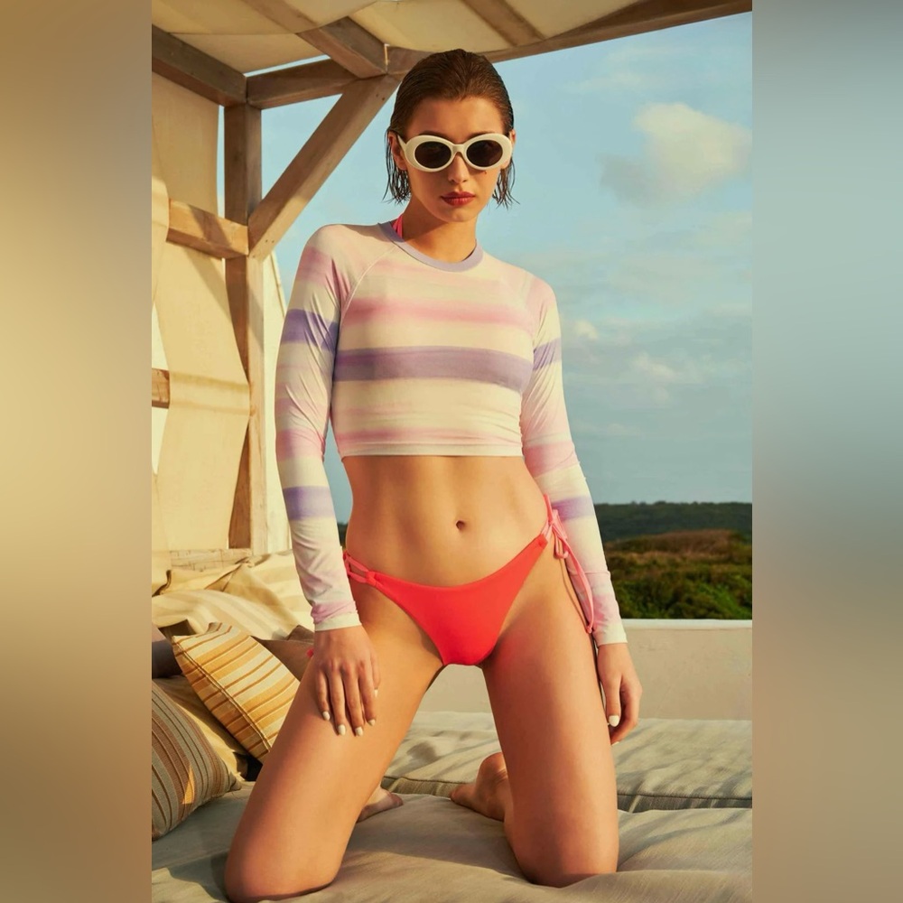 WET Swimwear Aruba Sia Striped Long Sleeve Women’s White & Pink Crop Top Size XS